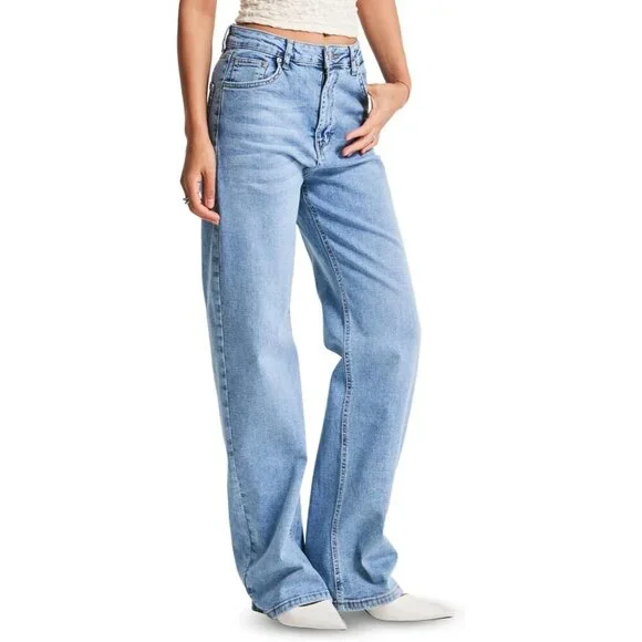 High Waisted Wide Leg Jeans Womens Cotton Elastane Trendy Comfort Streetwear